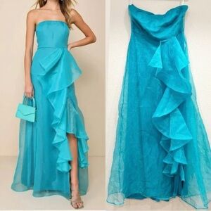 Size M - Lulus Exquisite‎ Ease Teal Green Organza Strapless Ruffled Maxi Dress